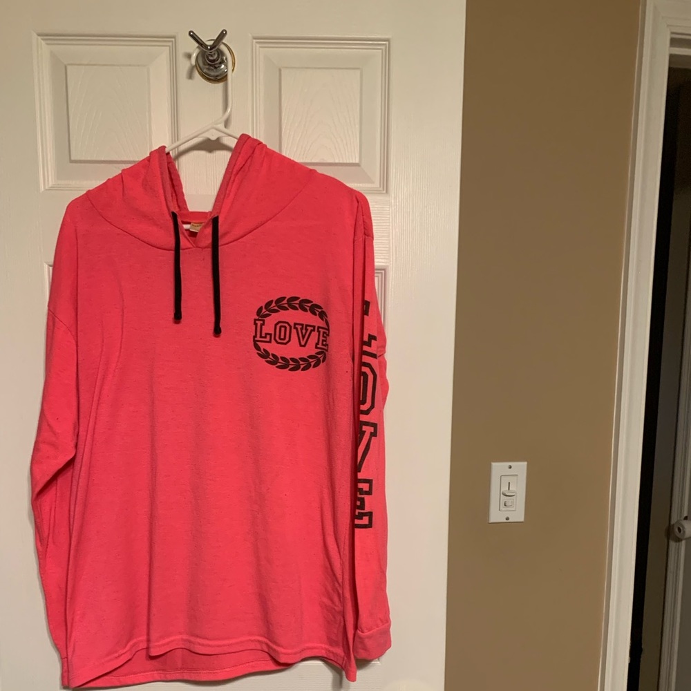 Bobbie Brooks Hot Pink Hoodie, Both sleeves say love in black down the sides.